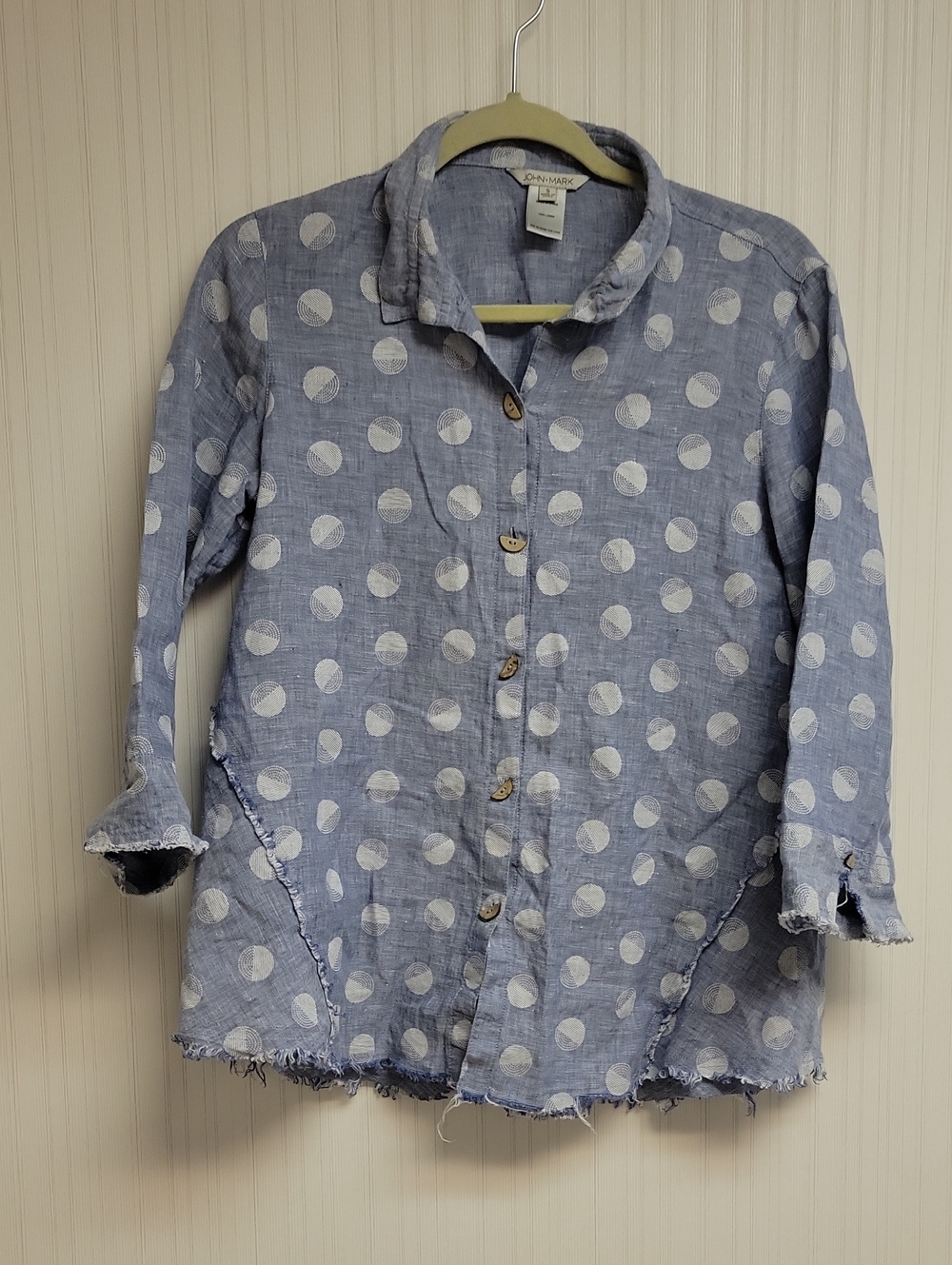 John Mark Blue Polka Dot Lightweight Button-Front Top Linen Small Coastal
